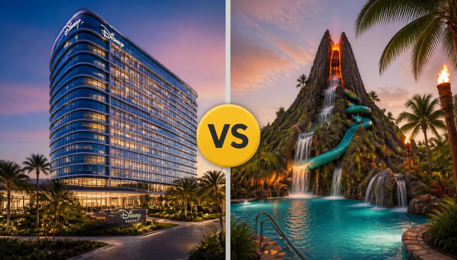Bay Lake Tower exterior at dusk and the Polynesian Lava Pool volcano slide — Bay Lake Tower vs Polynesian comparison