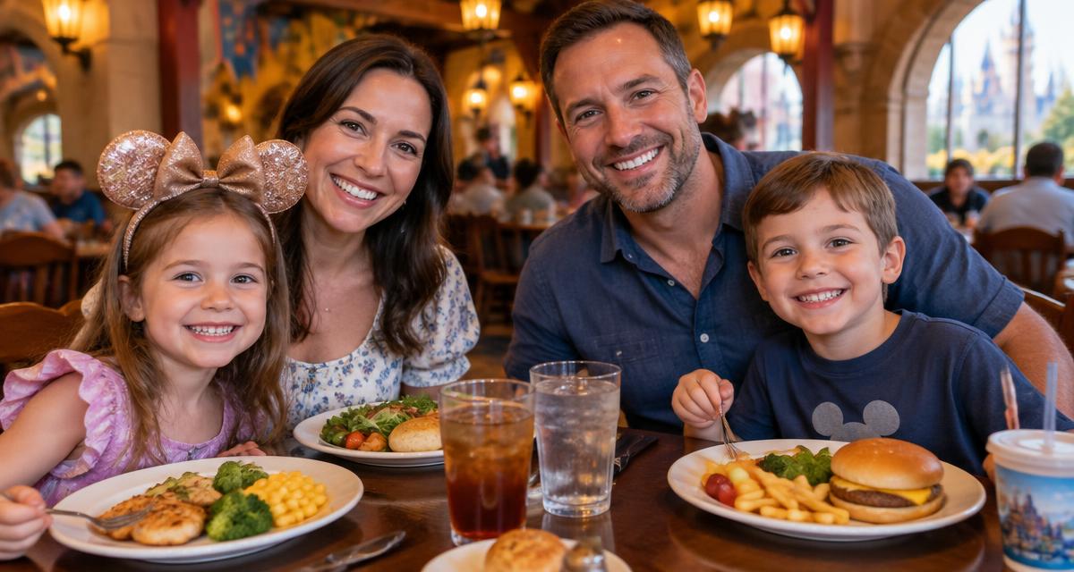 Family of four eating at a table-service restaurant