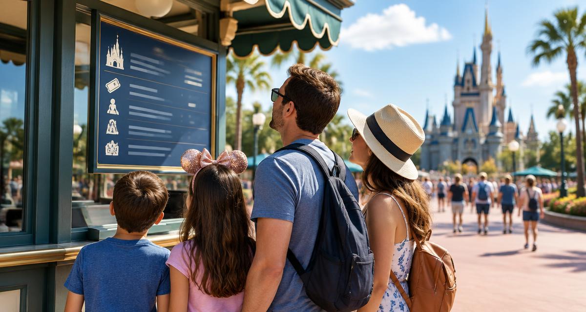 Family at a Disney World ticket booth looking at prices