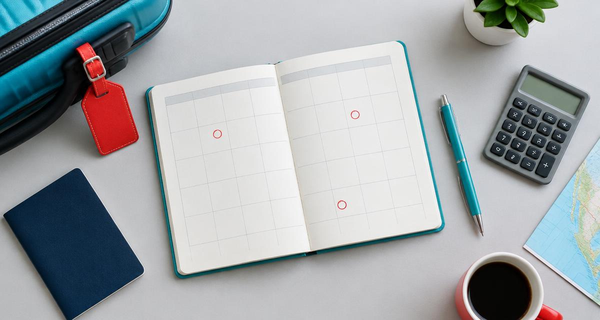 Illustrative travel calendar with cancellation markers, luggage and calculator