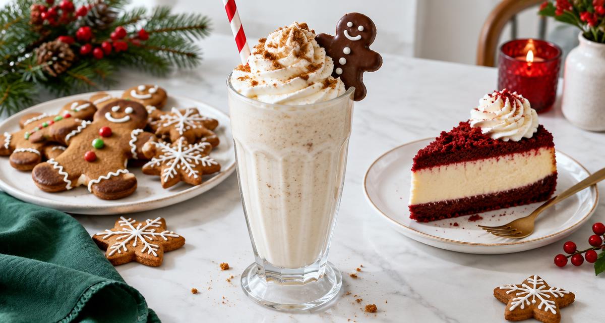 Illustrative gingerbread milkshake, holiday cookies and red velvet cheesecake
