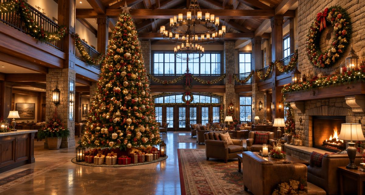 Resort lobby decorated for Christmas with a tall lit tree