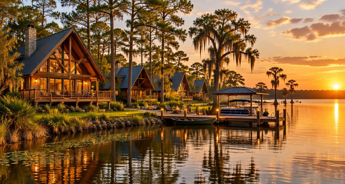 Lodge-style resort with A-frame cabins on a lakeshore at golden hour