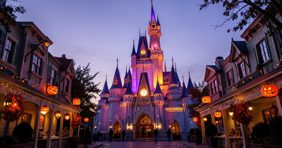 Cinderella Castle at Magic Kingdom — Halloween lighting and jack-o-lanterns along Main Street at dusk