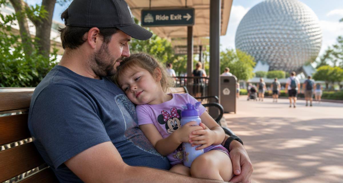 Disney World rides that cause motion sickness — dad and kid resting outside an EPCOT ride