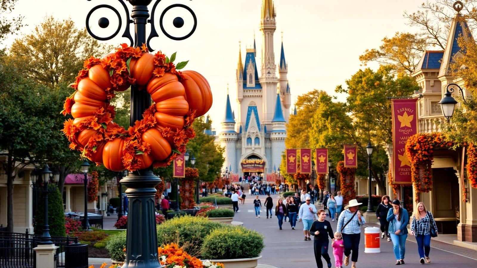 Disney World October 2026 — Main Street pumpkin wreaths with the castle in warm afternoon light