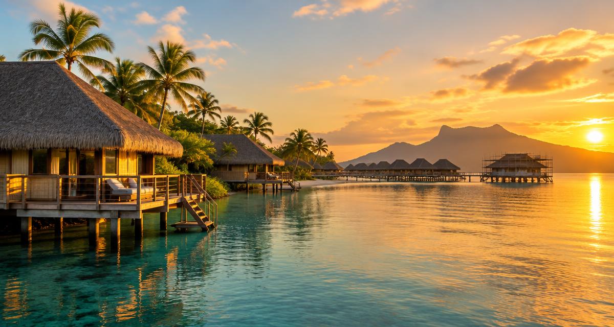 Polynesian-style villas and over-the-water bungalows on a lagoon