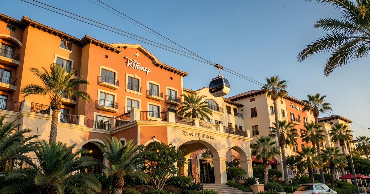 Disney's Riviera Resort exterior with Skyliner.