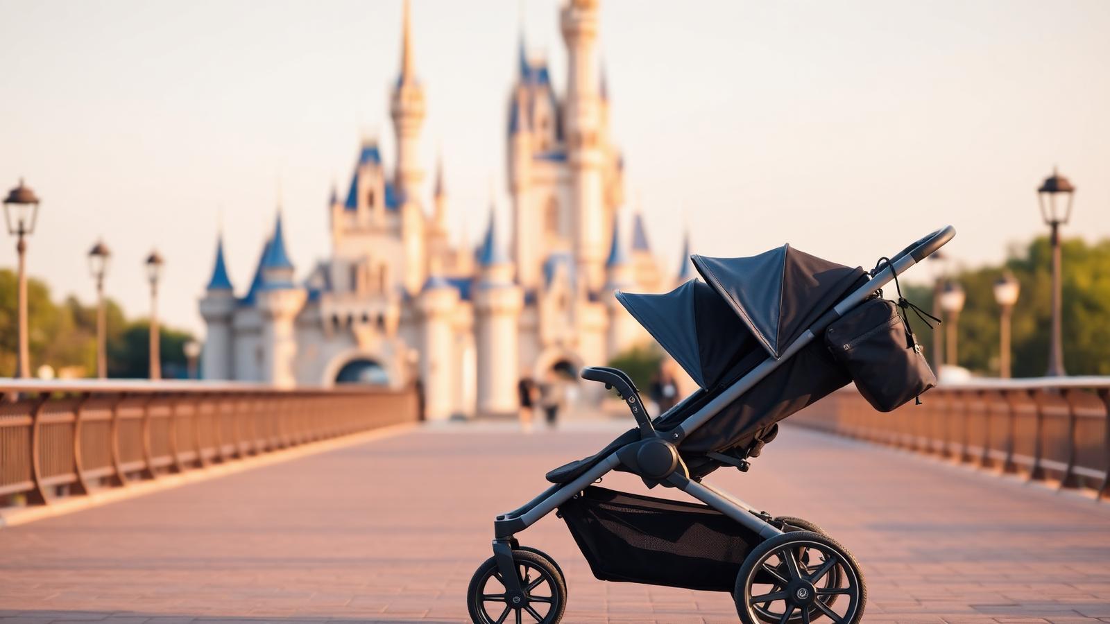 Disney World stroller rental — a double stroller parked in front of the castle at sunrise