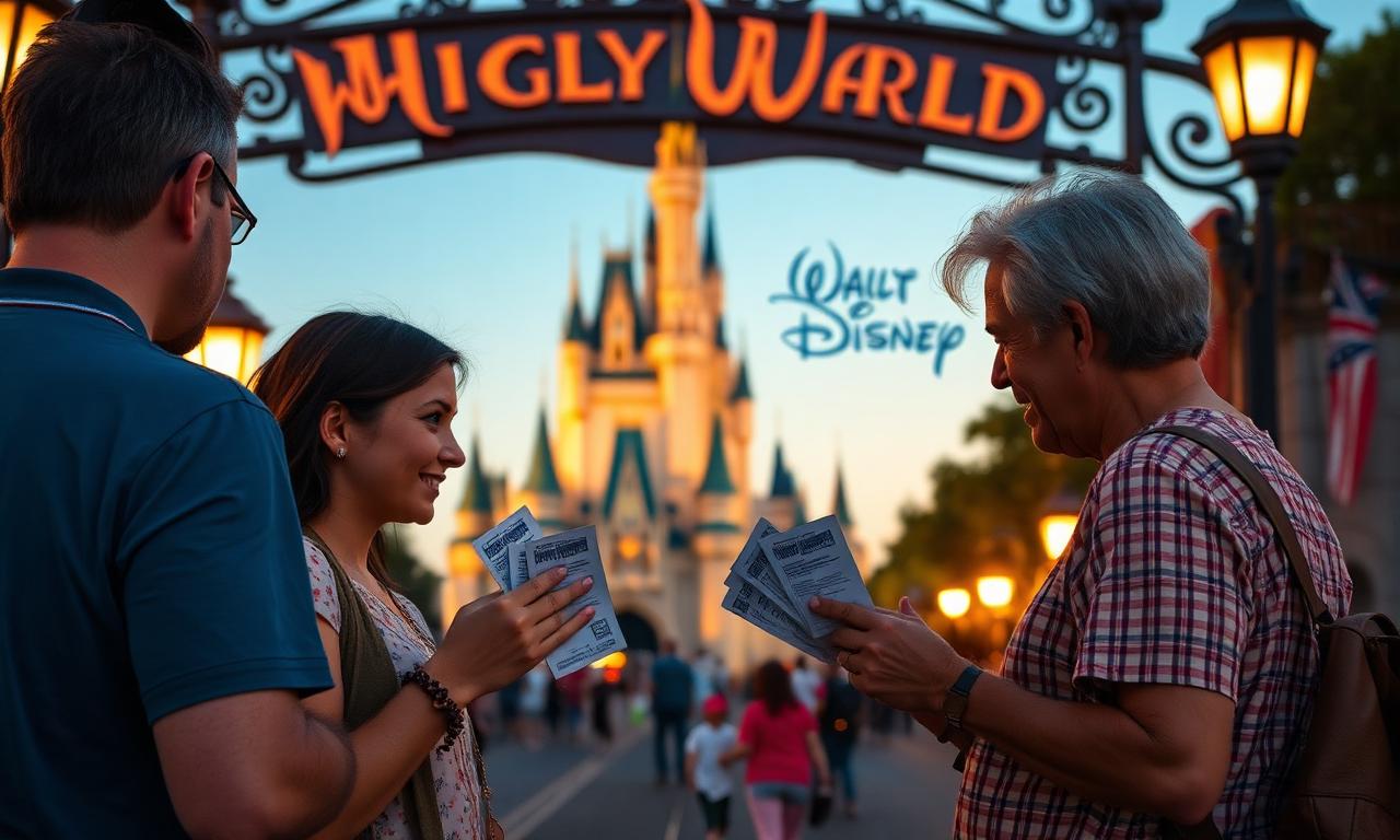 Family reviewing Walt Disney World park tickets at the Magic Kingdom entrance gate
